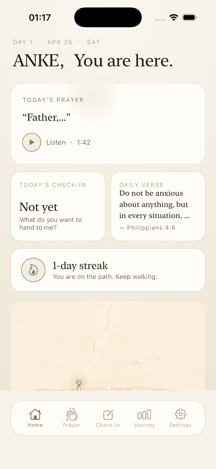 Solace home screen — Today's Prayer, Check-in, Daily Verse